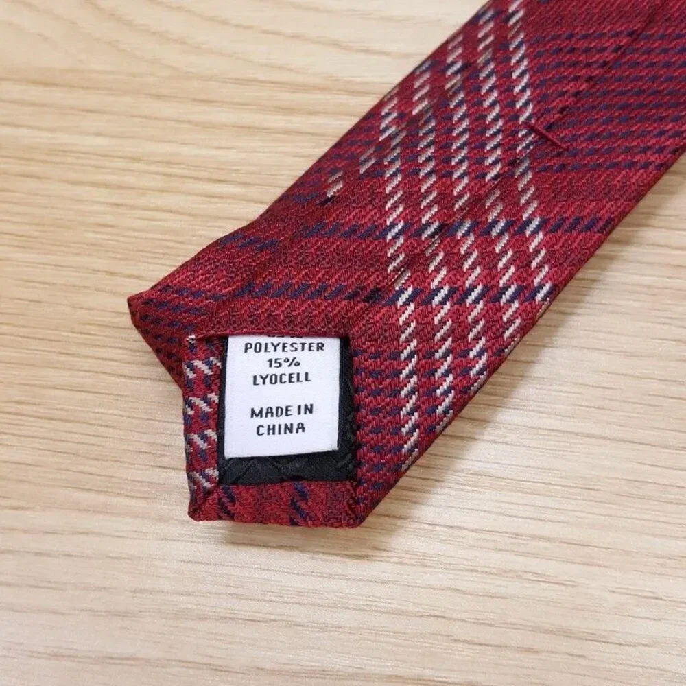 BAR III Mens Neck Tie Red Maroon Plaid Slim Lyocell Blend Necktie